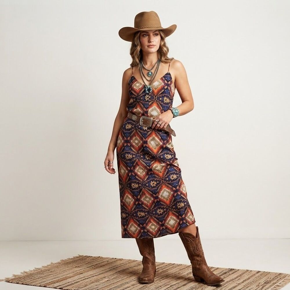 Zara Woman Small Southwestern Aztec Lightweight Midi Dress Boho Western Cowgirl